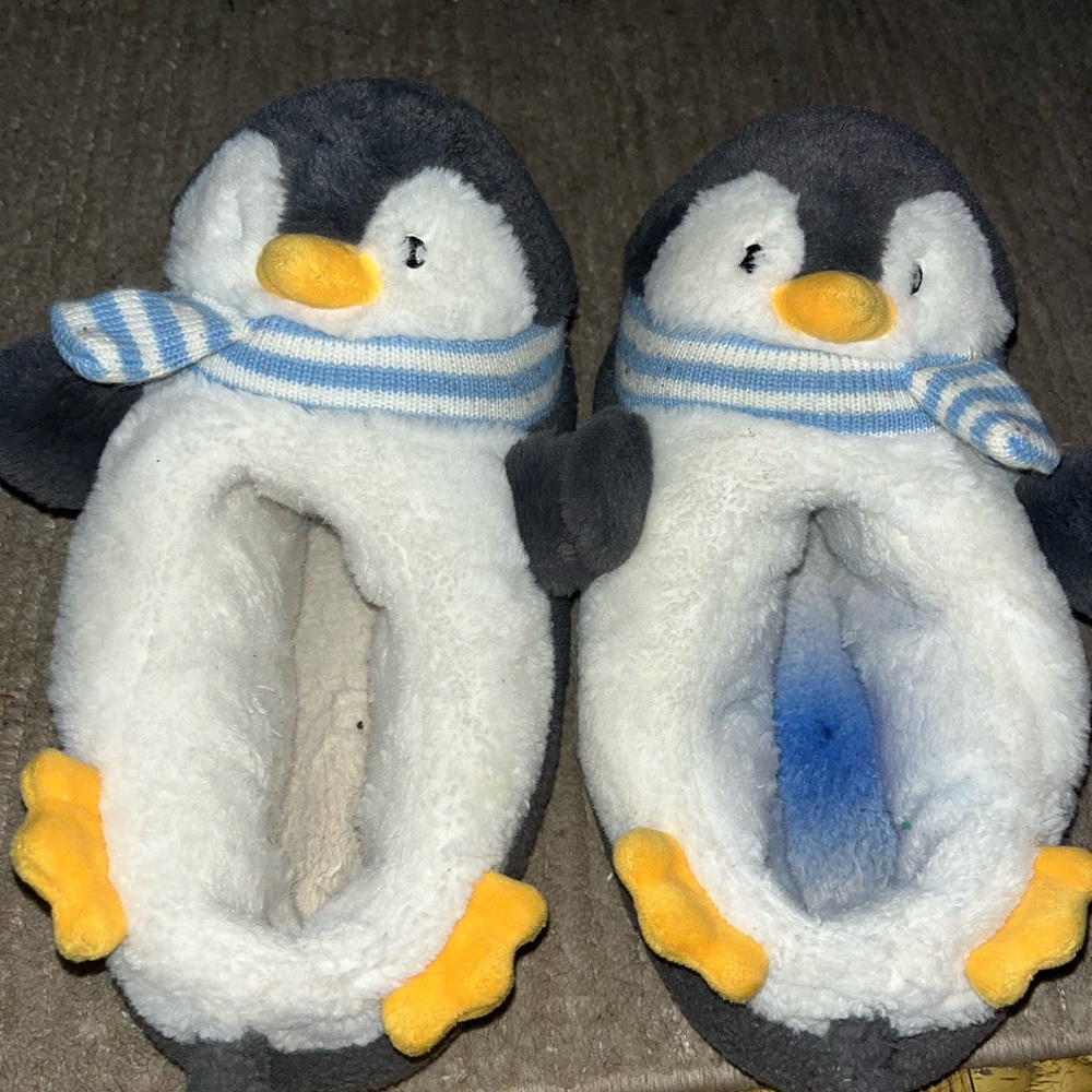 Penguin Slippers with Blue and White Scarves